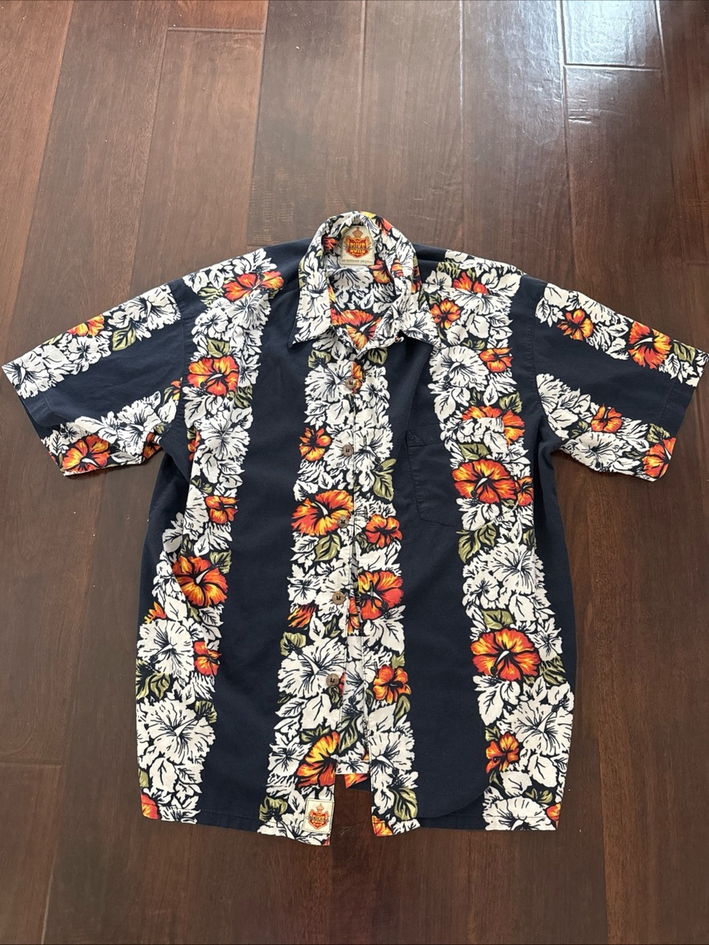 Vintage Duke Kahananoku Men's Navy Floral Hawaiian Shirt with Orange Hibiscus M
